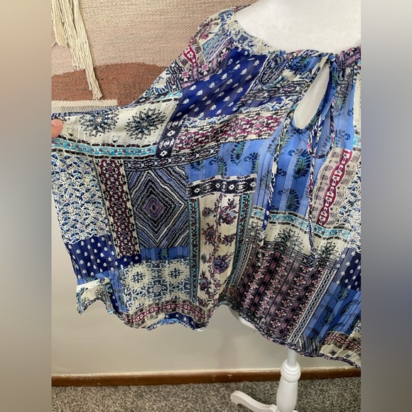 Anthropologie By Together Blue Patchwork Gold Stitches Peasant Bobo Blouse ML/XL - Picture 4 of 9
